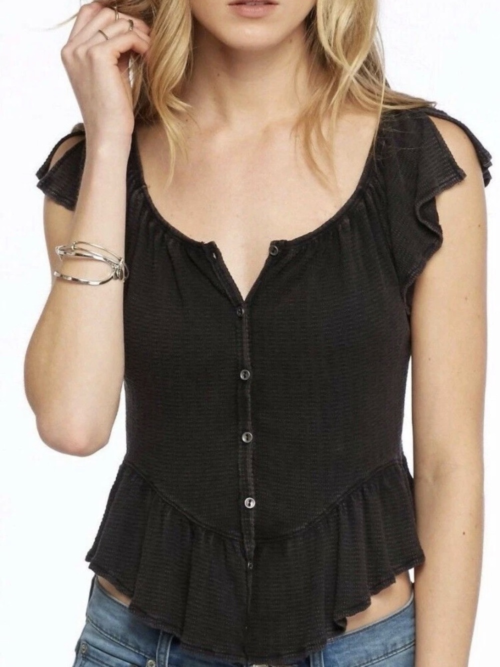 Free People Mint Julep Off the Shoulder Top Black Oversized Boho Festival Sz XS